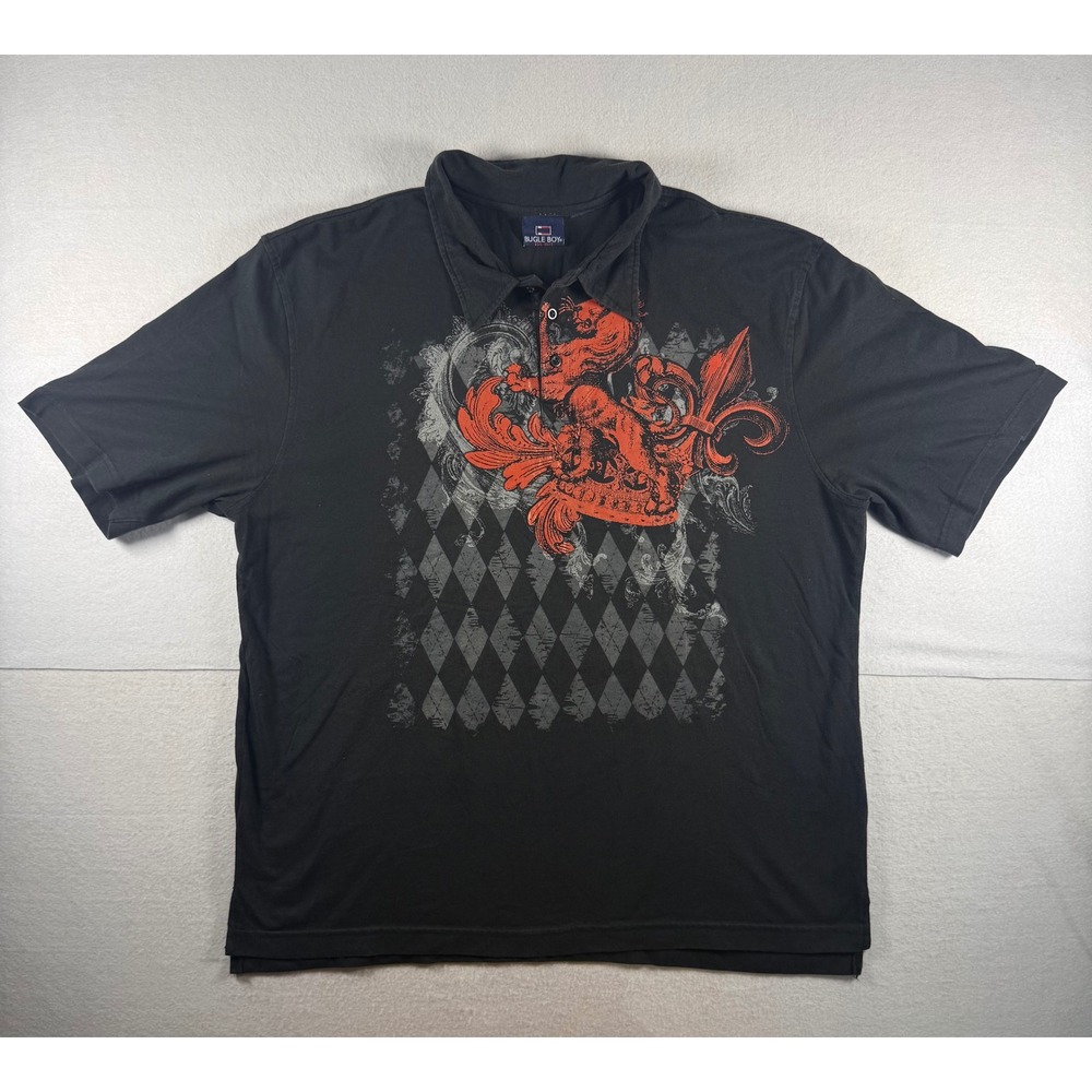 VTG Y2K Bugle Boy Mens Graphic Polo Shirt Black Red Lion Fleur De Lis XL
